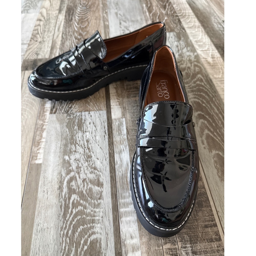 Franco Sarto Womens Dark Academia Loafers Platform Lug Sole 7.5 Black‎ Cassandra